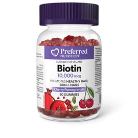 Preferred Nutrition Biotin 10,000 mcg, 30 Gummies, Cherry Pomegranate Flavour, Helps Maintain Healthy Hair, Skin and Nails, Vegan