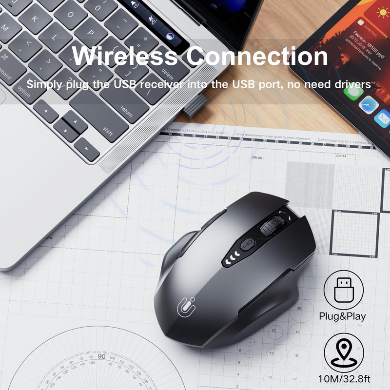 Uineer Wireless Mouse,[Upgraded] Rechargeable 2.4GHz (Battery Level Visible) Ergonomic Computer