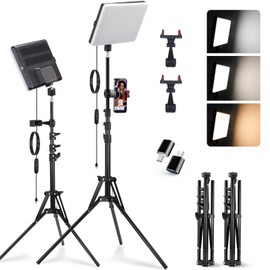 2-Pack USB-Powered Studio Lighting Kit | Velvora 28"-60" Adjustable Tripod Stand with Phone Holder | 2500-6500K Bi-Color Dimmable LED Panel for Live Streaming, YouTube Videos, 4K Filming