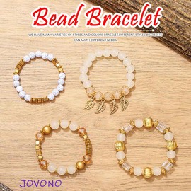 Jovono Boho Bracelets Stackable Beads Layered Elastic Hand Chains with Leaves Vintage Bangles with Beads Bracelet Set for Women (4 Pieces), Plastic, No Gemstone