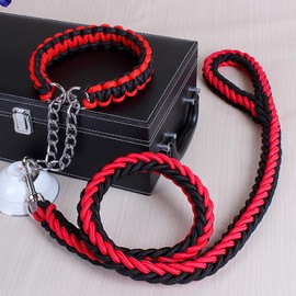DOTEYAYP Heavy Duty Nylon Dog Collar Leash Set 8 Strand Rope Braided Adjustable Dog Training Collar for Small, Medium, Large Dog (Medium, Black and Red)