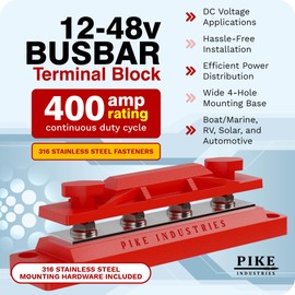 Pike Industries 400 Amp Solid Copper Busbar 4 Stud (5/16" Stainless, Red) Common Bus, Terminal Block, Marine Bus Bar, DC Distribution