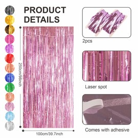 ZSYIULIA Pink Foil Door Curtain Decorations, 2pcs 3.2ft x 8.3ft Tinsel Curtains Fringe Backdrop, Pink Streamers Door Hanging Decoration for Birthday Wedding Bridal Shower Bachelorette Party.