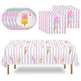 WERNNSAI Ice Cream Party Supplies Set - 33 Pieces Summer Theme Ice Cream Party Tablecloth Plates Napkins for Kids Girls Ice Cream Birthday Party for 16 Guests Ice Cream Party Supplies Set