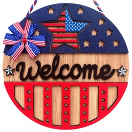 EpcrenAra 3D 4th of July Welcome Sign Wreath for Front Door Memorial Day Home Porch Décor Wooden Hanging Patriotic Stars Sign Independence Day Door Hanger 12" Wall Decor