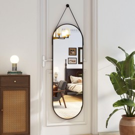 16''x48'' Full Length Mirror, Modern Oval Door Mirror Full Length with Hanging Leather Cord, Wall Mounted Mirror with Hanging Leather Strap for Bathroom Vanity Living Room Bedroom Entrance，Black