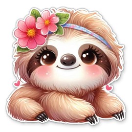 Cute Sloth with Flowers Sticker - for Water Bottle Phone Car Tumbler Laptop - Cartoon Sloth Decal - Waterproof Vinyl - 3"