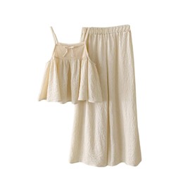 Verdusa Girl's 2 Piece Summer Textured Outfits Ruffle Camisole Tops with Wide Leg Pants Set Apricot 8 Years
