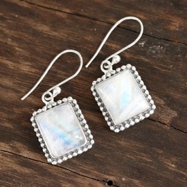 NOVICA Artisan Handmade Rainbow Moonstone Dangle Earrings Crafted India Sterling Silver Gemstone [1.3 in L x 0.5 in W x 0.2 in D] ' Good Will Spirit'