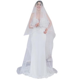 Fubney Bridal Veil Horsehair Edge Wedding Veil with Metal Comb,2 Tier Simple Tulle Ribbon Edge Cathedral Long Veil for Bride