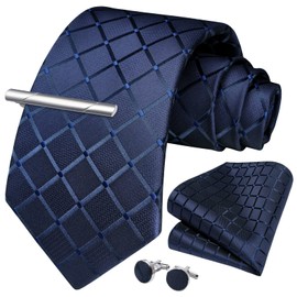 HISDERN Men's Navy Blue Plaid Tie Handkerchief Cufflink Tie Clip Set Formal Wedding Party Gifts Necktie for Men