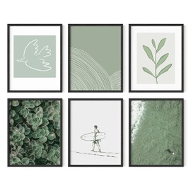 HAUS AND HUES Sage Green Wall Art - Set of 6 Nature Wall Art, Botanical Wall Art Frameable Art Set, Abstract Art Wall Decor, Green Aesthetic Room Decor, Plant Art Wall Art (Black Frame, 11x14)