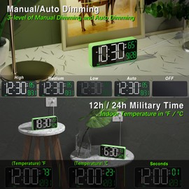 KOSUMOSU Digital Clock for Bedroom, 6.7in Desk Clock, Auto Dimming, Room Temperature, Day of The Week, Date, Seconds, Clocks for Living Room, Alarm Clocks for Bedrooms