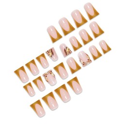 Gold French Tips Press on Nails Medium Duck False Nails with 3D Rhinestone Charm Design Glossy Skin Tones Fake Nails Diamond Stick on Nails Reusable Full Cover Glue on Nails for Women Manicure 24Pcs
