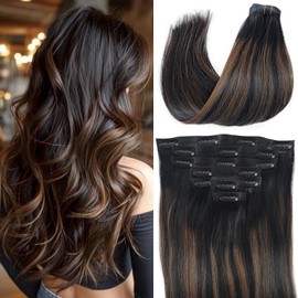 Clip in Hair Extensions, Seamless Remy Human Hair Clip ins 22 Inch 110g 7pcs Natural Black Highlights Chestnut Brown Straight Invisible PU Clip in Hair Extensions Real Human Hair for Women