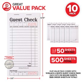 Stock Your Home Black+White Guest Check Books for Servers (10 Pack) Server Note Pads, Waiter Checkbook, Food Receipt Book, Restaurant Order Pad, Paper Checks, Waitress Accessories, 500 Total Tickets
