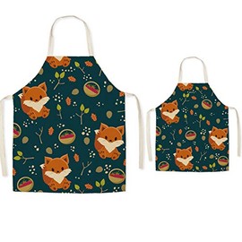 FOMUNI Parent and Child Fox Apron - Lovely Printing Linen Adult Child Apron, Mom Kids Kitchen Apron for Cooking,Painting,Gardening
