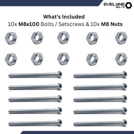 M8 Nuts & Bolt 10 Pack (M8 x 100mm Bolts & M8 Nuts) Hex Bolt/Setscrew Fully Threaded