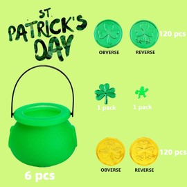 LCPQMZGH 246 Pcs St. Patrick's Day Coins Set Include 6 Pcs Green Candy Kettles &240 Pcs St. Patrick's Gold Coins forSt. Patrick's Day, Irish Theme Party Supplies, Table Decorations Set