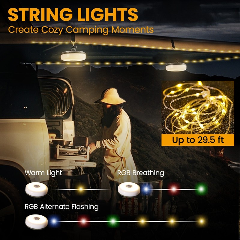 EverBrite Camping String Lights Rechargeable LED 29.5FT 8 Lighting Modes