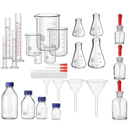 Saysurey 31 Pcs Lab Glassware Set Include Measuring Beakers Cylinders Erlenmeyer Flasks Dropper Bottle Media Bottles Glass Stirring Rods Dropper Funnels for Science Chemistry Equipment Supplies