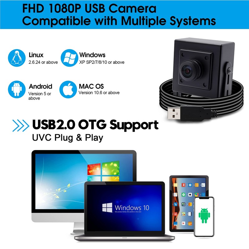 Svpro Ultra-Weitwinkel-Webcam 1080P 30fps Hochauflösende Industrie-USB-Kamera für HD-Sicherheitssystem, Plug-and-Play-Skype-Konferenzkamera,Windows,Linux,Android und