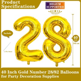 Gold 28 Number Balloons, 40 Inch Giant Number 28 Balloons Foil Mylar Helium Gold Number Balloons for 28th Birthday Party Supplies Anniversary Event Celebration Decorations