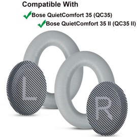 Replacement Ear Cushions for Bose QC35 & QC35ii (QuietComfort 35) Headphones, More - Softer Leather, MH MOIHSING Earpads Compatible with QC35 and QC35 II, Shaped Scrims with L and R Lettering, Grey