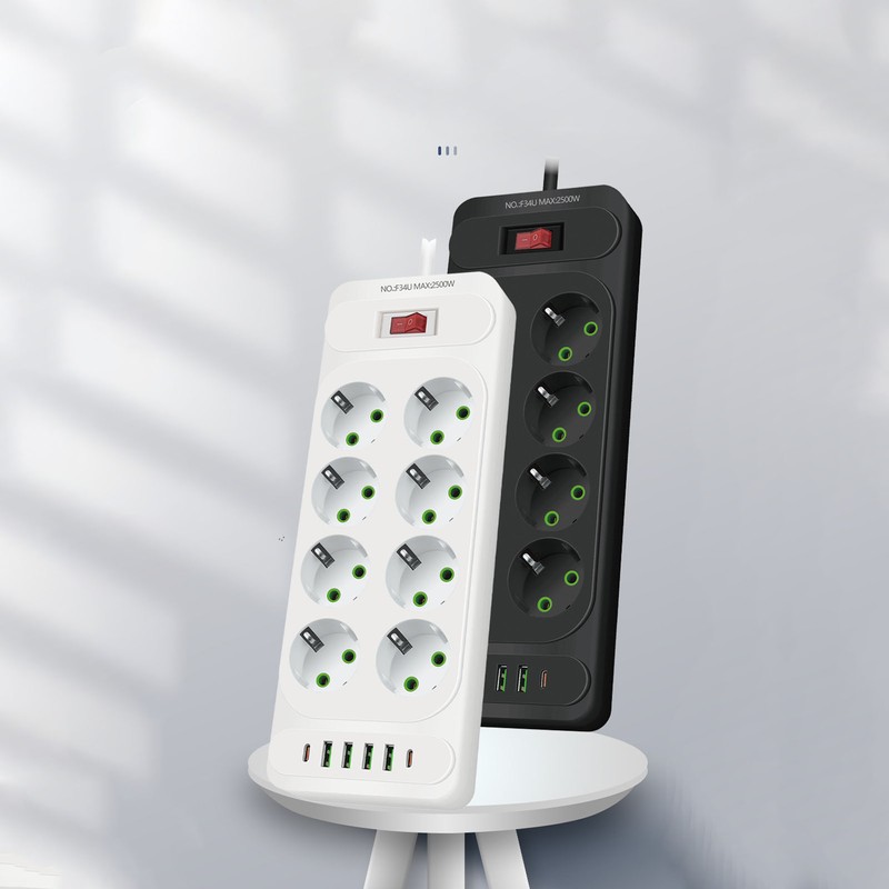 8 Way Power Strip USB C European Socket Desk Wall