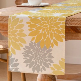 Table Runner Yellow Dahlia Spring Table Decoration Modern Washable Flower Table Decoration Seasonal Kitchen Tablecloth Indoor Holiday and Party Decoration 40 x 140 cm