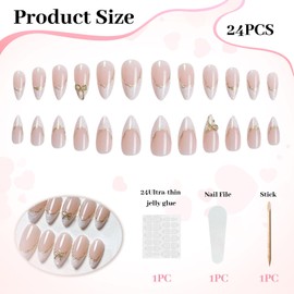 LunarCharm 24 Stück Goldene Schleife zum Aufdrücken von Nägeln, mittelgroß, mandelförmig, zum Aufdrücken von French Tip, künstliche Nägel, weiß verwischt