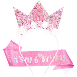 Vovii 6th Birthday Decorations - Princess Crown Headband & Glitter Sash Set for 6 Year Old Girl