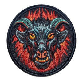 Goat Man Logo Patch 3" Iron-on Sublimated Applique for Clothing Vest Jacket, Cryptid Badge, Sasquatch Myth, Bigfoot Legend Folklore, Sew-on Decorative Craft, Scary Creature Beast Wild Animal Emblem S1