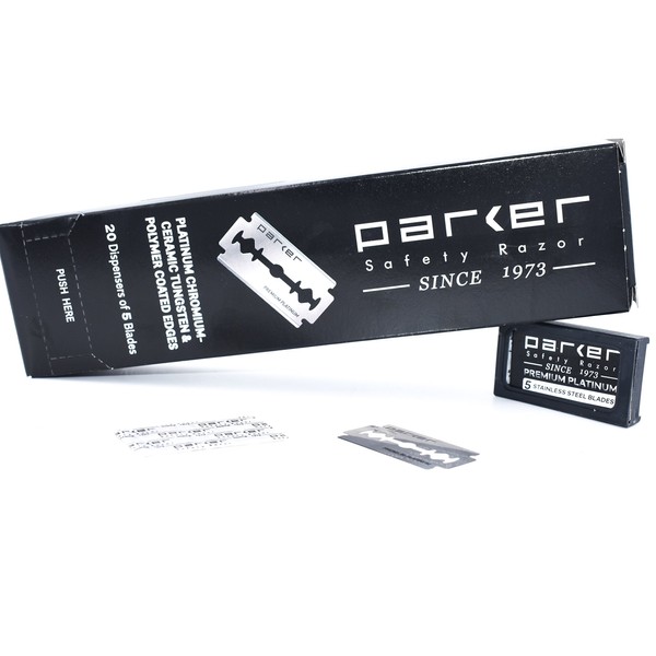 Parker 100 Count, Parker Double Edge Safety Razor Blades, Premium Platinum Stainless Steel Razor Blades with PTFE, Tungsten and Chromium Coated Edges for Smooth, and Comfortable Shaves