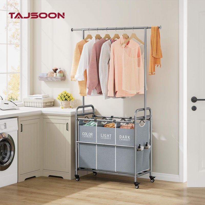 Tajsoon Laundry Sorter with Hanging Bar, 3 Section Rolling Laundry