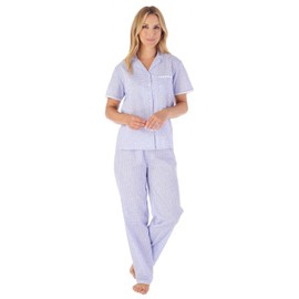 Slenderella Gingham & Floral Cotton Pyjamas Ladies Button Up Top Trouser Bottoms PJs UK 10/12 (Blue)