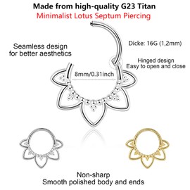 Lantine 16G Septum Piercing Lotus Flower - Titanium Clicker Nose Ring - Minimalist Design - 8mm - For Septum, Daith, Tragus, Rook - Available in Gold & Steel - Free Velvet Pouch