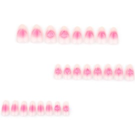Hkanlre Press on Nails Pink Almond Gradient Fake Cute Nails Tips Full Cover Heart False Medium Nails for Women 24PCS
