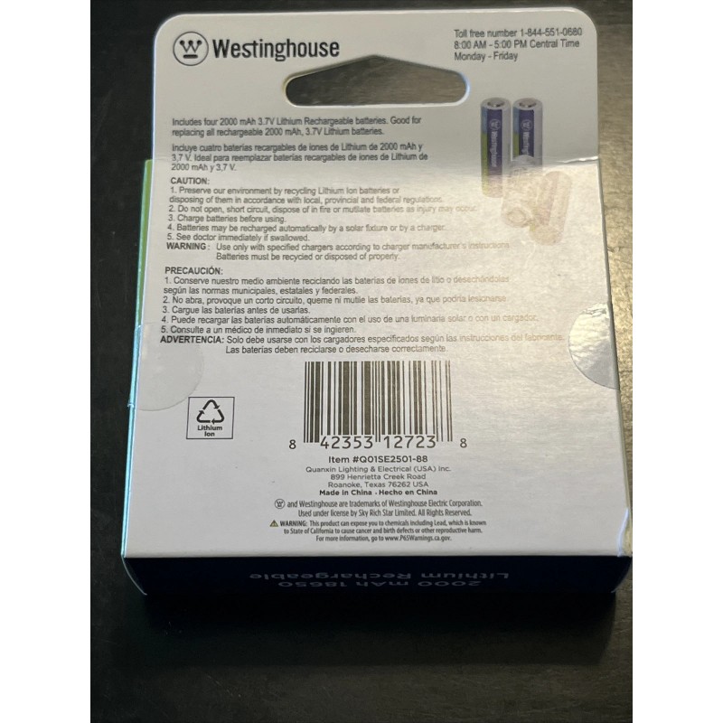 Westinghouse NEW (4) WESTINGHOUSE 3.7V RECHARGEABLE BATTERIES 2000 MAH LITHIUM