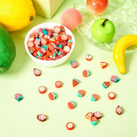 Pandahall 100Pcs Fruits Clay Beads Red Polymer Clay Beads Strawberry Apple Watermelon Fruit Charm Beads Clay Spacer Beads for Boho Bracelets Necklace Summer Jewelry Accessories