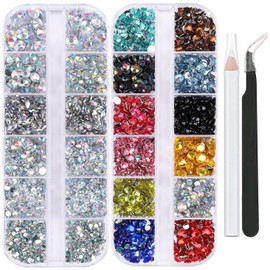 Darunyar 5200PCS Multicolored Flat back Round Crystal Rhinestones for Crafts Nail Face Art Clothes Shoes Bags DIY Non Hotfix Rhinestones 5 Sizes(2-6mm) with Tweezers and Wax Pencil Kit(12 Colors and White AB)