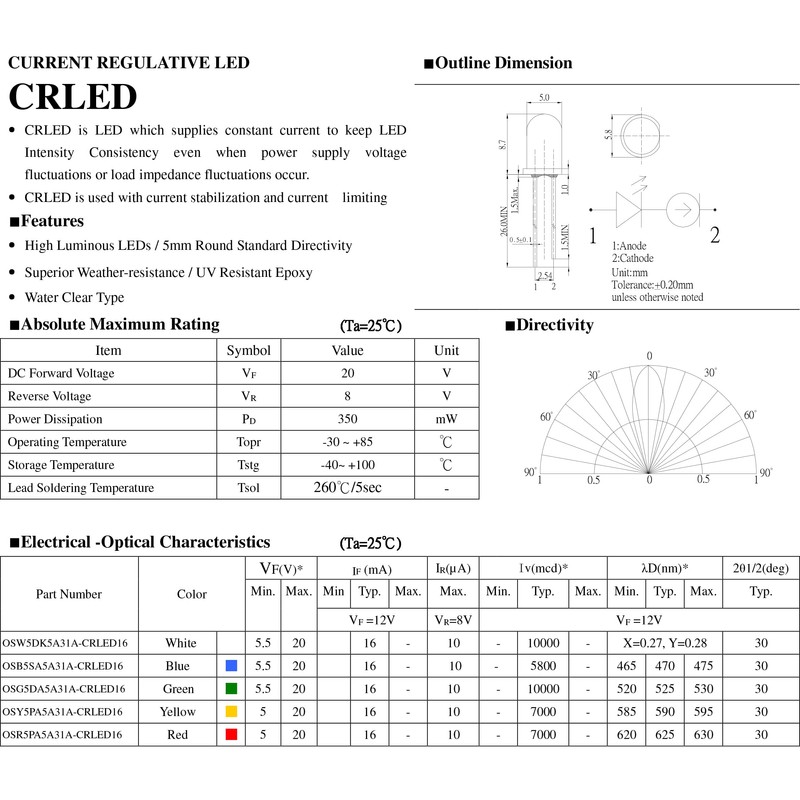 Lightning Parts, LED Light Emitting Diode, 0.2 inch (5 mm),