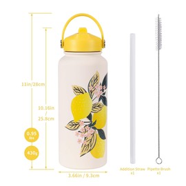 Goetland Flowers Water Bottle Beverage Bottle with Straw Lid 32 oz Stainless Steel Wide Mouth Vacuum Insulated Cute UV Printing Leak Proof For Women Girls Kids Lemon