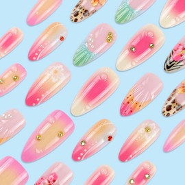 BABALAL Summer Press on Nails Medium Almond Fake Nails Pink Orange Ombre Glue on Nails 3d Acrylic Nails Flower False Nails 24Pcs Full Cover Cheetah Handmade Stiletto Nails for Women Girls