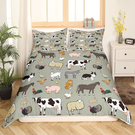 Homemissing Cow Duvet Cover Set Cartoon Cat Dog Horse Bedding Set 135 x 200 cm for Children Boys Girls Room Farm Animal Collection Decor Bed Set Farmhouse Style 2 Pieces Zip