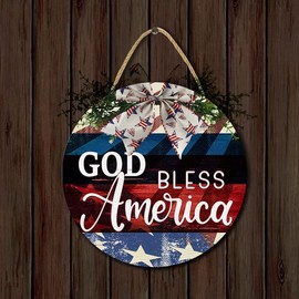 Ymaotrade 4th of July God Bless Americ-a Patriotic Sign for Front Door Decor Americ-an Stars Stripes Wood Hanger for Outdoor Outside Porch USA Memorial Day Wooden Indoor Wall Hanging Decor 12in