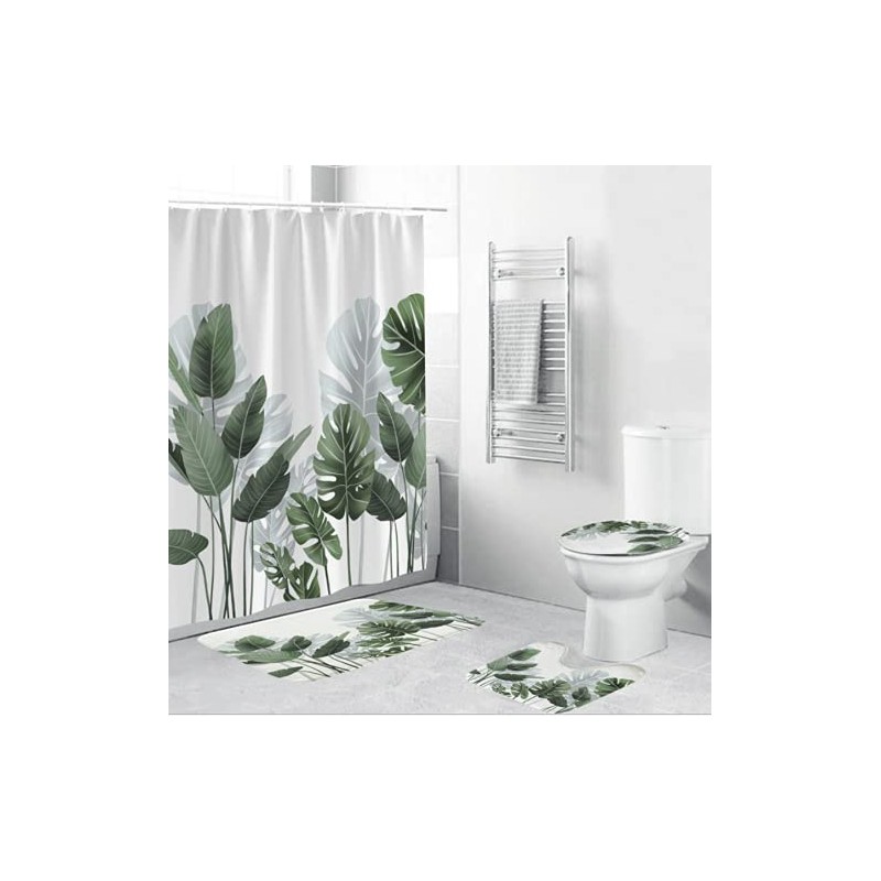 Xshelley Three Piece Tropical Leaf Plant Bathroom Bath Mat, Non-Slip