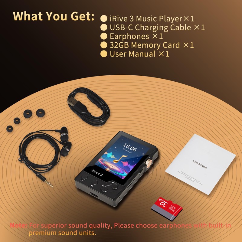 iRive3 MP3 Player Clear HiFi Stereo Sound 32GB Bluetooth Music