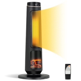 Tangkula 1500W Oscillating Space Heater, Fast Heating Ceramic PTC Tower With Thermostat, Remote, 3 Modes, 12H Timer, Portable With Realistic 3D Flame for Home, Office