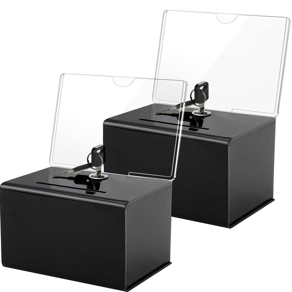 MaxGear Acrylic Donation Suggestion Box with Lock, Black Secure and Safe Tip Jars, Ticket Box Drawing Box for Business Cards, Fundraising (6.25" x 4.5" x 4"), 2 Pack